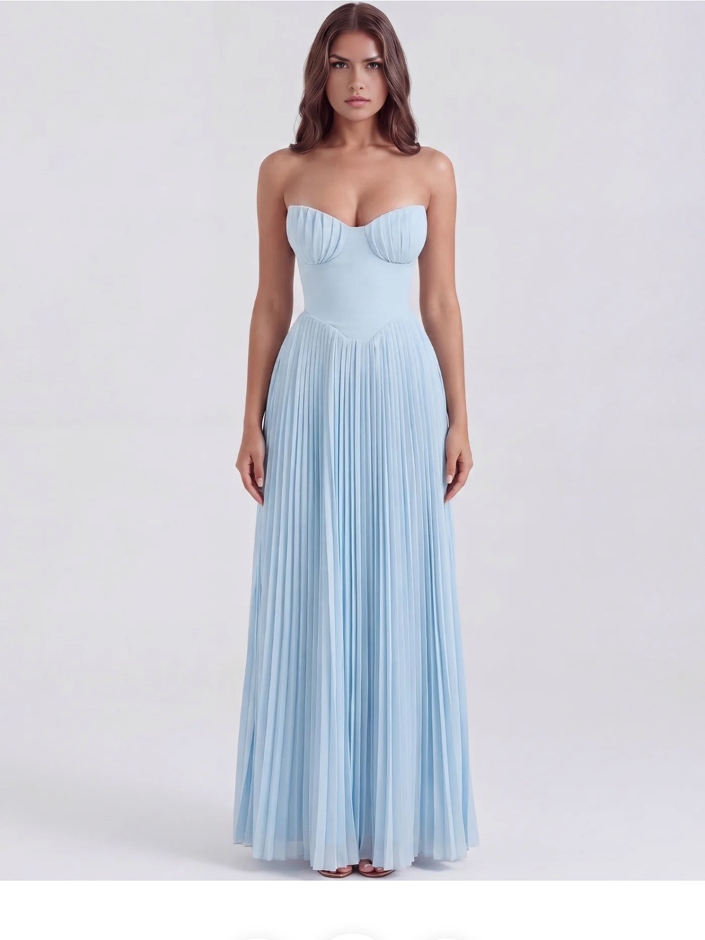 Elegant Strapless Pleated Maxi Dress in Light Blue